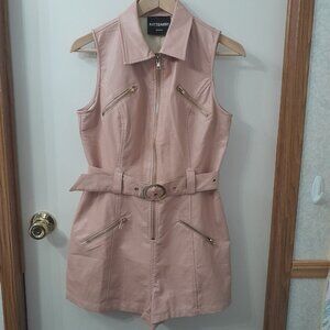 Kittenish Women's Pink Faux Leather Belted Zippered Romper Size M